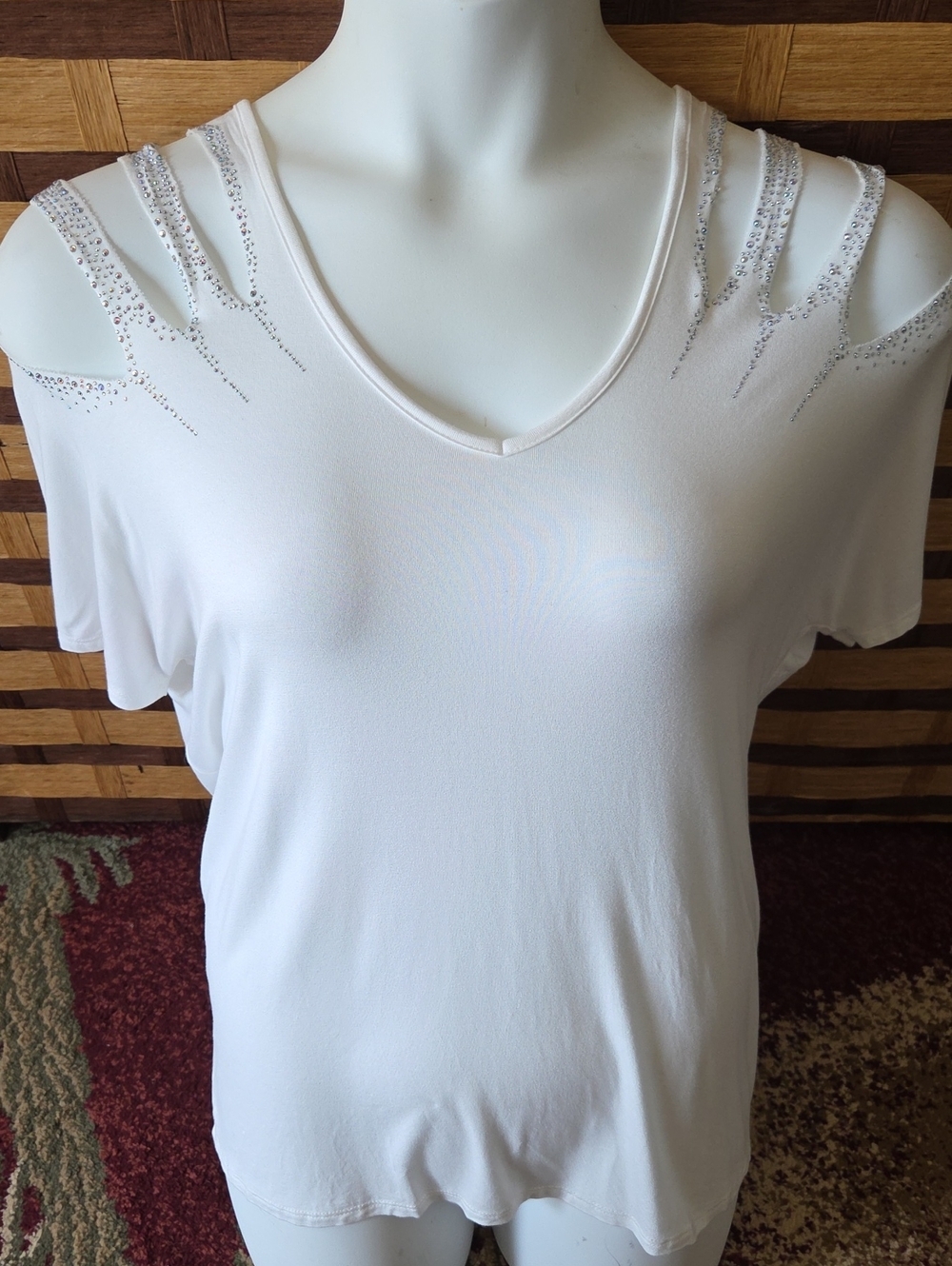 Women's White Cold-Shoulder V-Neck Top with Rhinestone Detail